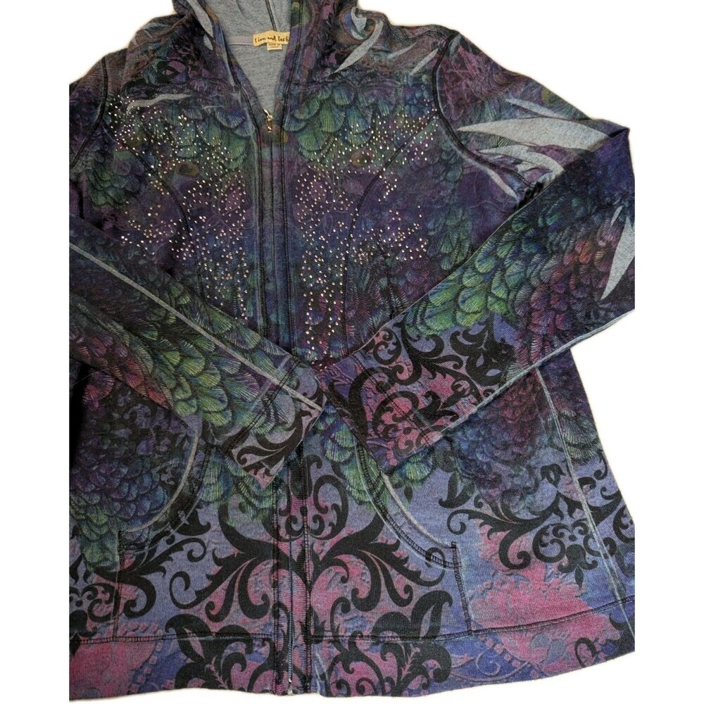 Live and Let Live Peacock Print Rhinestone Zip Up Hoodie Jacket Boho Large - Picture 13 of 14